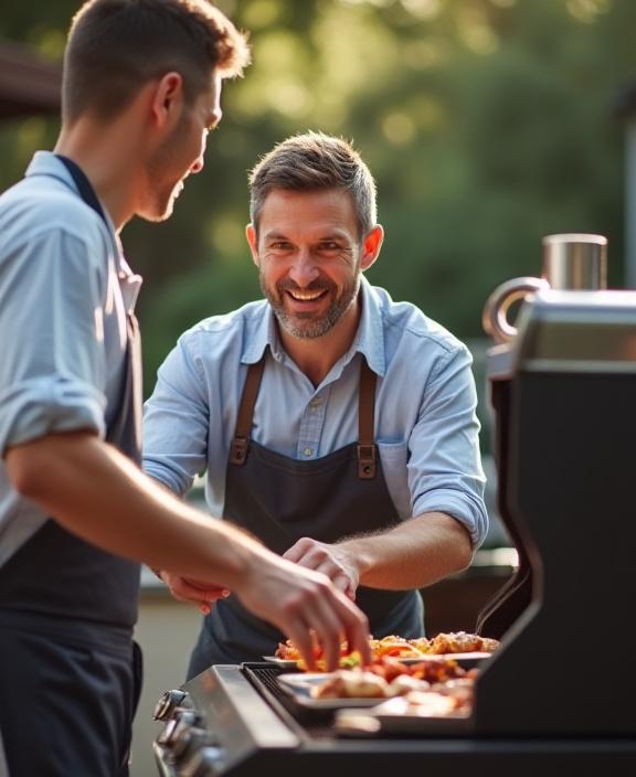 En leende instruktör som visar en grillteknik för en elev
